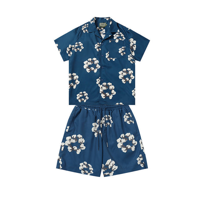 Denim Tears Navy Blue Floral Wreath Print Camp Collar Shirt & Drawstring Shorts Hover Image