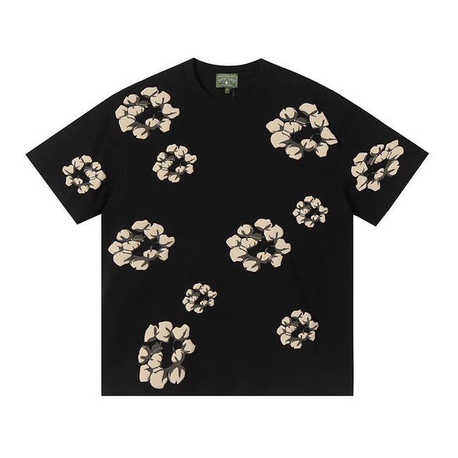 Denim Tears Black Oversized Short Sleeve Tee With All Over Beige Flower Wreath Print Hover Image