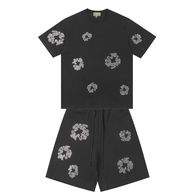 Denim Tears Black Grey Floral Ring Print Crew Neck T-Shirt & Drawstring Shorts Hover Image