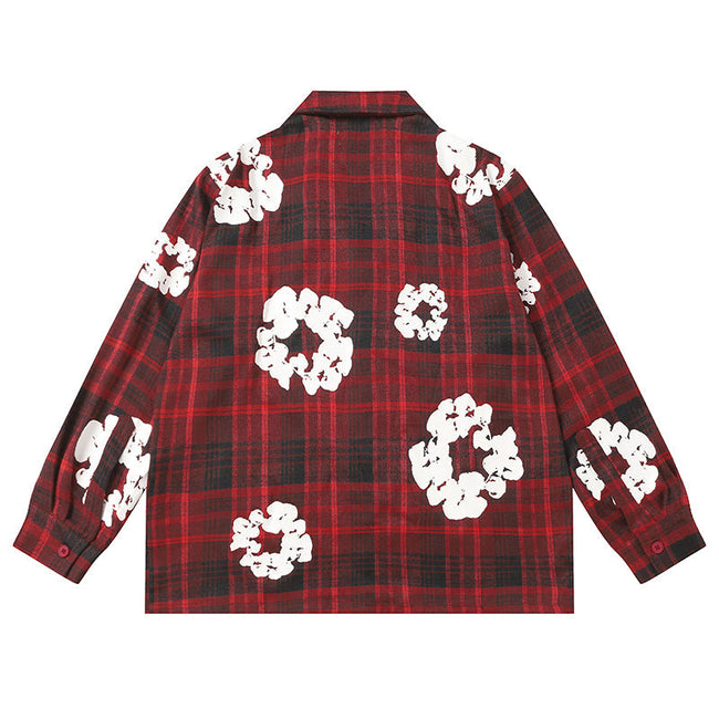 Denim Tears Red and black checkered white wreath printed loose long-sleeved shirt Main Image