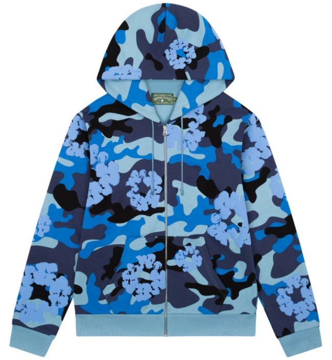 Denim Tears Blue Camo Floral Print Full Zip Hoodie Main Image