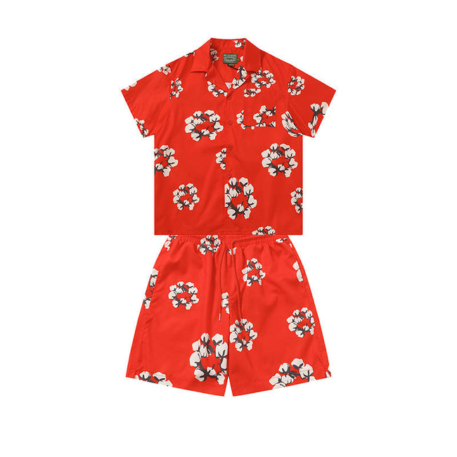 Denim Tears Bright Red Floral Wreath Print Camp Collar Shirt & Drawstring Shorts Hover Image