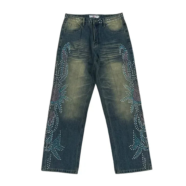 Vale Forever Rhinestone Floral Pattern Oversized Blue Denim Jeans Hover Image