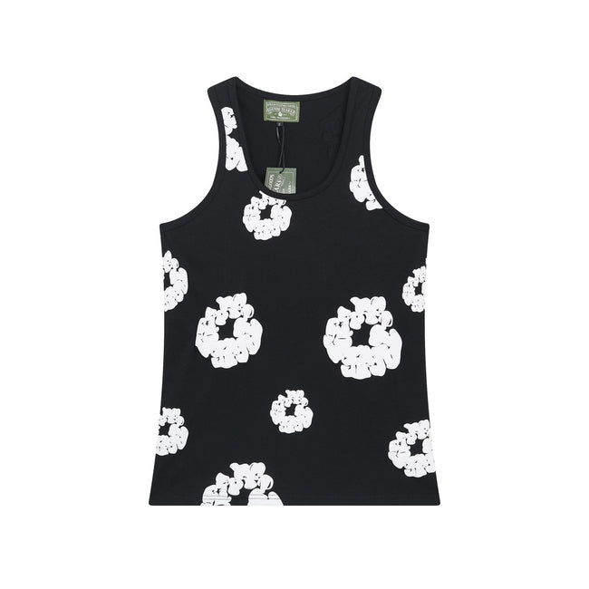 Denim Tears Black All Over White Floral Wreath Print Ribbed Slim Tank Top Hover Image