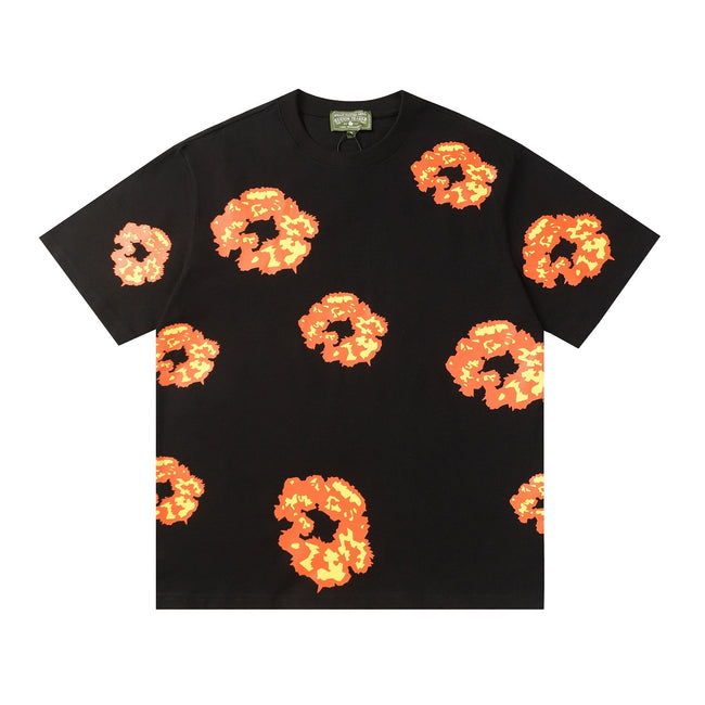 Denim Tears Black Oversized Tee With All Over Gradient Orange Flower Wreath Print Main Image