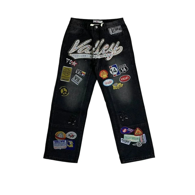 Vale Forever Rhinestone Patchwork Oversized Black Denim Jeans Hover Image