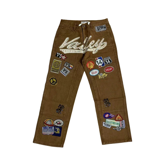 Vale Forever Rhinestone Patchwork Oversized Brown Denim Jeans Hover Image
