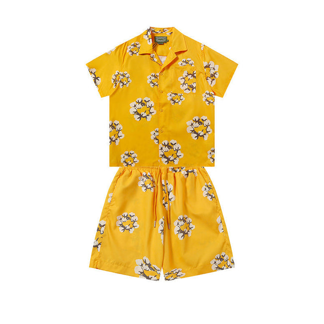 Denim Tears Bright Yellow Floral Ring Print Camp Collar Shirt & Drawstring Shorts Hover Image
